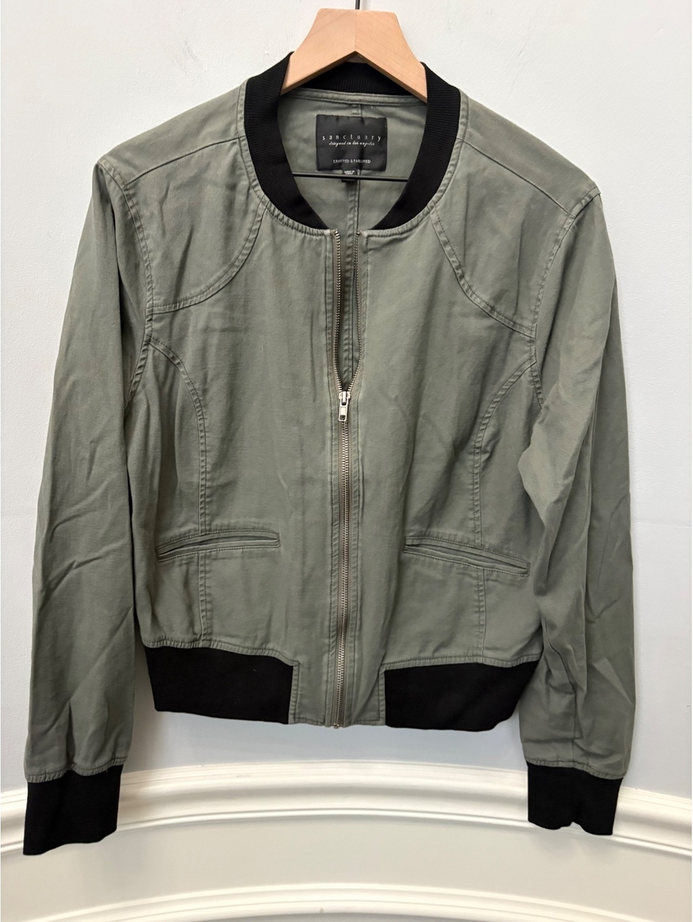 Sanctuary Women's Medium Olive Green Bomber Jacket with Black Ribbed Cuffs and H